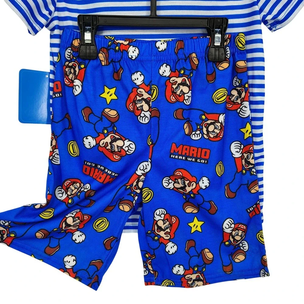 NWT Super‎ Mario Boys Pajama Shorts Set XS 4/5 Blue Stripes Cartoon Video Gamer